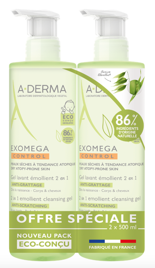 A-Derma Exomega Control Gel Lavante Emoliente 2 em 1 Antiprurido 2x500ml (Pack Promocional)