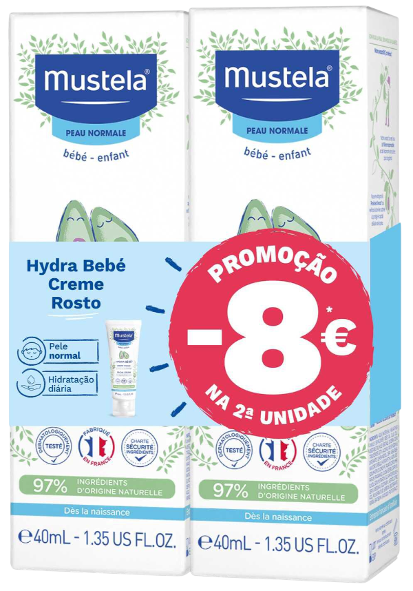 Mustela Hydra Bebé Creme Rosto 2x40ml (8€ Desconto 2ª Unidade)