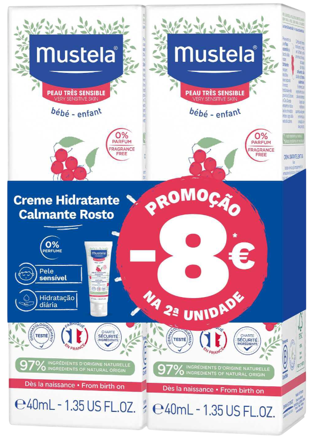 Mustela Creme Hidratante Calmante Rosto 0% Perfume 2x40ml (8€ Desconto 2ª Unidade)