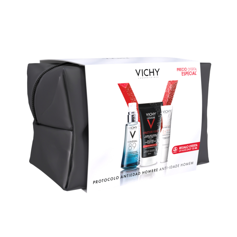 Vichy Homme Coffret Natal Structure Force Creme + Minéral 89 Sérum + Fluido Solar + Bolsa